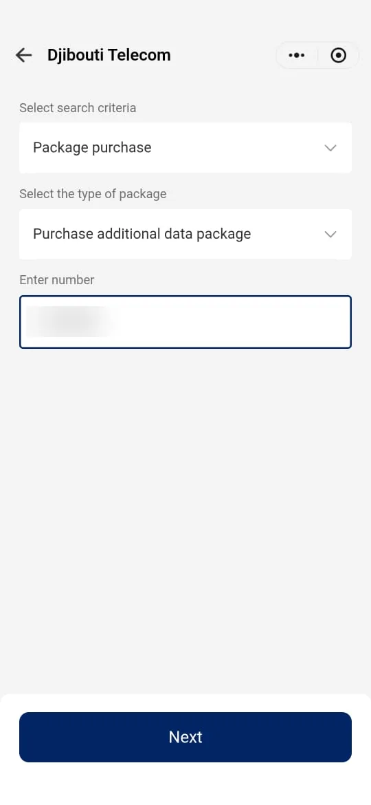 Completed form: “Package purchase”, “Purchase additional data package” and line number (hidden).