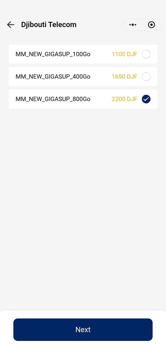 List of data packages with their price, one package selected.