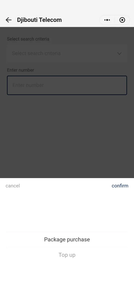 “Select search criteria” list open: “Package purchase” and “Top up”.