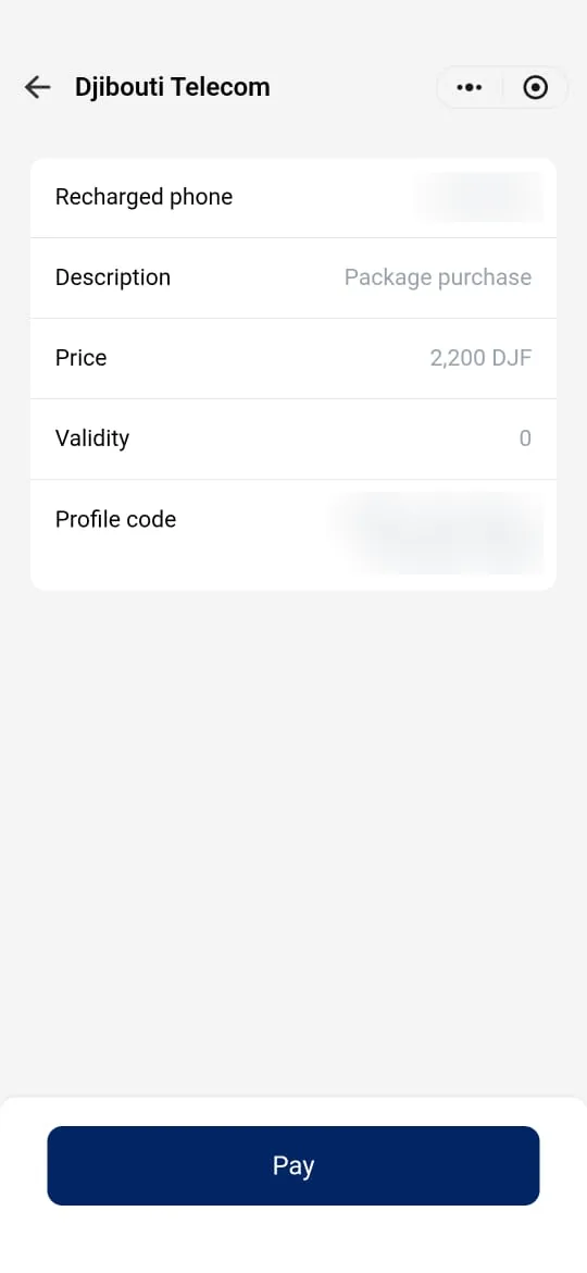 Purchase summary: number (hidden), description, price, validity and profile code (hidden).