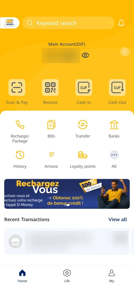 Home screen of the D-Money app: account balance, Scan & Pay, receive, cash in and cash out, top-up, bills, transfers and banks.
