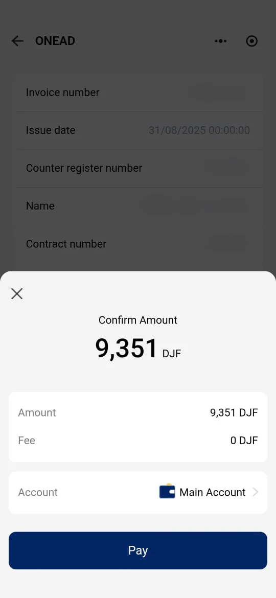 “Confirm Amount” window: amount, fee, debited account and “Pay” button.