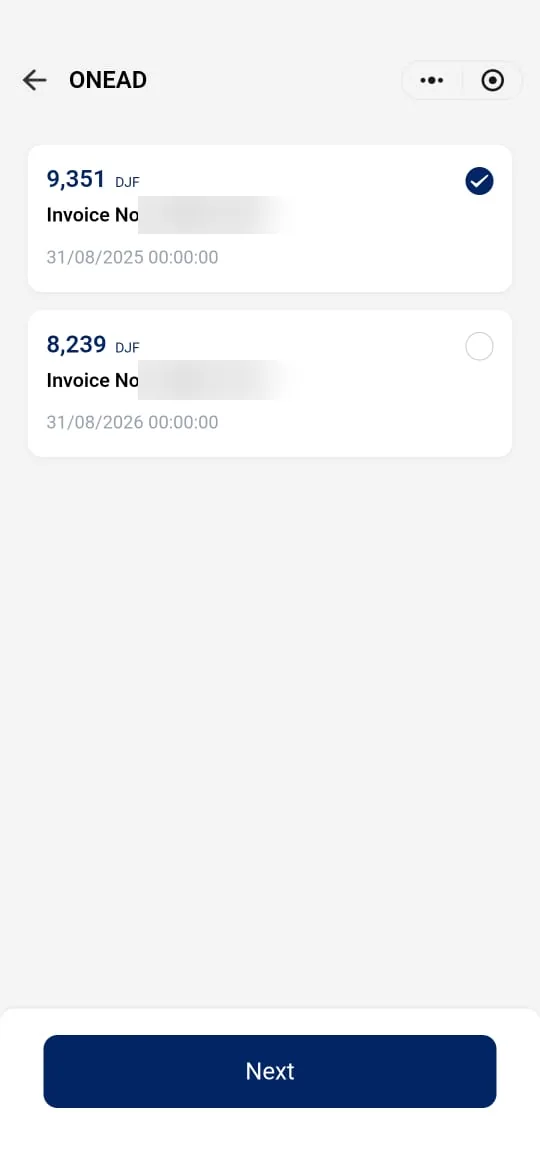 List of unpaid ONEAD bills with their amount and date, one bill selected (numbers hidden).