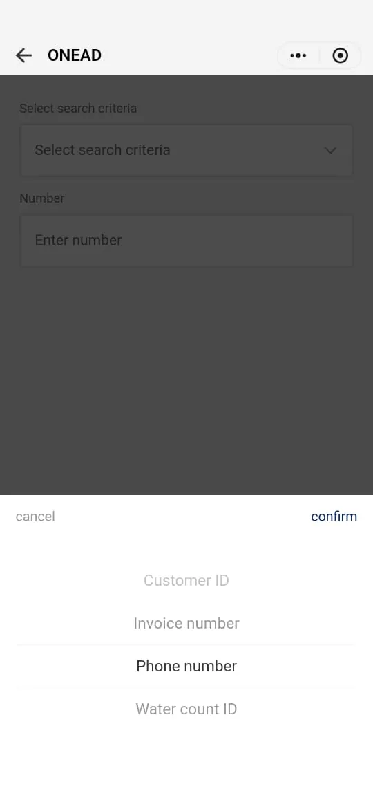 “Select search criteria” list: Customer ID, Invoice number, Phone number and Water count ID.