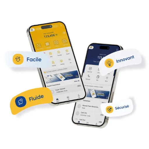 Two screens of the D-Money app, surrounded by the words Easy, Smooth, Innovative and Secure.