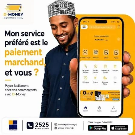 D-Money poster “My favourite service is merchant payment, what about you?”: a customer shows the D-Money app on his phone.