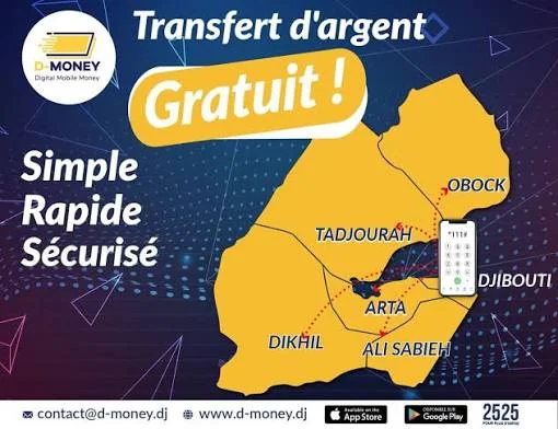 Affiche D-Money « Transfert d’argent gratuit ! Simple, rapide, sécurisé », avec une carte des transferts entre Djibouti, Arta, Ali Sabieh, Dikhil, Tadjourah et Obock.